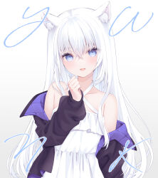 Rule 34 | 1girl, :d, animal ears, black jacket, blue eyes, cat ears, cat girl, dress, halter dress, halterneck, highres, jacket, kanora, long hair, long sleeves, looking at viewer, miqo&#039;te, off shoulder, open clothes, open jacket, open mouth, original, smile, white dress, white hair