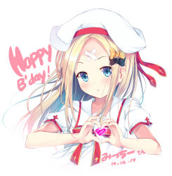 Rule 34 | 1girl, :o, abigail williams (fate), black bow, blonde hair, blue eyes, blush, bow, collarbone, crossed bandaids, dated, fate/grand order, fate (series), hair bow, happy birthday, hat, hat ribbon, heart, heart hands, homurahara academy school uniform, long hair, looking at viewer, orange bow, parted bangs, puririn, red ribbon, ribbon, school uniform, shirt, short sleeves, simple background, solo, upper body, white background, white hat, white shirt