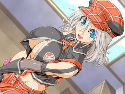 Rule 34 | 1girl, alisa ilinichina amiella, amano mitsurugi, black vest, blue eyes, blush, breasts, cabbie hat, cloud, cowboy shot, cropped vest, day, female focus, from above, gloves, god eater, hair between eyes, happy, hat, highres, indoors, large breasts, light blush, looking at viewer, medium hair, midriff, nose blush, open mouth, own hands together, plaid headwear, silver hair, skirt, sky, smile, solo, standing, suspender skirt, suspenders, underboob, vest, window