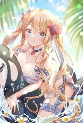 Rule 34 | 1girl, :3, absurdres, arm garter, bare shoulders, bikini, black choker, blonde hair, blue eyes, bracelet, breasts, bridal garter, choker, cleavage, collarbone, emu alice, flower, frilled bikini, frills, gomano rio, hair flower, hair ornament, heart, hibiscus, highres, inflatable orca, inflatable toy, jewelry, large breasts, liver city, long hair, looking at viewer, side-tie bikini bottom, smile, solo, striped bikini, striped clothes, swimsuit, twintails, very long hair, water, wet