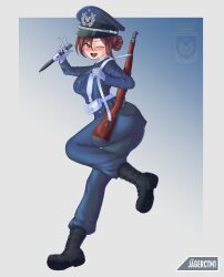 Rule 34 | 1girl, absurdres, army, black footwear, blush, bolt action, brown hair, chile, clip studio paint (medium), gun, hat, highres, jagerctm1, looking at viewer, mauser 98, military, military hat, military uniform, open mouth, original, rifle, simple background, smile, solo, uniform, weapon, white background