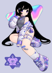 Rule 34 | 1girl, absurdres, bandaid, black hair, coat, hair ornament, hairclip, hand up, highres, iridescent, jewelry, charm (object), long hair, mino (kirarayakubou), nail polish, necklace, original, parted lips, purple eyes, shoes, sitting, sleeveless, sleeveless turtleneck, sneakers, socks, solo, thigh strap, turtleneck