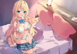 Rule 34 | 1girl, :d, absurdres, aqua eyes, bed, bed sheet, beige cardigan, blonde hair, blue skirt, blush, bra, breasts, cardigan, cardigan lift, cleavage, collared shirt, highres, indoors, lamp, long hair, looking at viewer, masquerade channel, medium breasts, navel, non-web source, on bed, open clothes, open mouth, pillow, plaid, pleated skirt, school uniform, shirt, sidelocks, sitting, skirt, smile, socks, solo, striped bra, striped clothes, striped socks, thighs, unacchi (nyusankin), underwear, virtual youtuber, wariza, white shirt, white socks, yumemiya alice