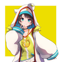 Rule 34 | 1girl, black choker, blue eyes, breasts, brown hair, choker, cleavage, closed mouth, commentary request, fingernails, highres, hololive, hood, hooded jacket, jacket, jewelry, long sleeves, looking at viewer, medium breasts, multicolored hair, nail polish, oozora subaru, oozora subaru (1st costume), pendant, shirt, short hair, simple background, smile, solo, striped clothes, striped shirt, suzushika (13 96), two-tone background, two-tone hair, vertical-striped clothes, vertical-striped shirt, virtual youtuber, white background, white jacket, yellow background, yellow nails