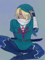 Rule 34 | 1girl, androgynous, blonde hair, braid, cosplay, goma tonbi, hat, link, link (cosplay), long hair, looking at viewer, nintendo, pointy ears, red eyes, sheik, solo, the legend of zelda, the legend of zelda: ocarina of time, the legend of zelda: twilight princess