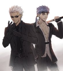 Rule 34 | 2boys, archer (fate), bad id, bad twitter id, black gloves, black jacket, black neckwear, black pants, black shirt, blue hair, collarbone, collared shirt, commentary request, cosplay, cowboy shot, cu chulainn (fate), cu chulainn (fate/stay night), earrings, eyewear on head, fate/stay night, fate (series), final fantasy, final fantasy vii, fingerless gloves, gloves, goggles, goggles on headwear, grey hair, grey shirt, hand in pocket, highres, holding, holding weapon, jacket, jewelry, long hair, long sleeves, looking at viewer, male focus, mondi hl, multiple boys, pants, partially unbuttoned, pectorals, ponytail, red eyes, reno (ff7), reno (ff7) (cosplay), rude (ff7), rude (ff7) (cosplay), serious, shirt, short hair, simple background, spiked hair, sunglasses, weapon, white background