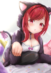 Rule 34 | 1girl, :o, amano kusatsu, animal ears, azur lane, bed sheet, black hoodie, blush, breasts, camisole, cat ears, cat tail, cleavage, collarbone, commentary request, crop top, full body, grey choker, grey shorts, hair intakes, highres, hood, hoodie, i-19 (azur lane), i-19 (pillowy paradise) (azur lane), large breasts, light rays, looking at viewer, loungewear, lying, on stomach, paw pose, pillow, red eyes, red hair, ribbon, short shorts, shorts, sidelocks, solo, sunbeam, sunlight, tail, tail ornament, tail ribbon, thighhighs, torpedo, white camisole, white thighhighs