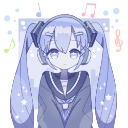 Rule 34 | + +, 1girl, black serafuku, blue background, blue eyes, blue hair, blue neckerchief, blue theme, border, closed mouth, collarbone, commentary, double-parted bangs, hair between eyes, hair ornament, hatsune miku, headset, highres, long hair, long sleeves, looking at viewer, musical note, neckerchief, no nose, omochi noa, outside border, sailor collar, school uniform, serafuku, smile, solid oval eyes, solo, sparkle, star (symbol), straight-on, symbol-only commentary, upper body, v arms, vocaloid, white border, x hair ornament