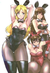 Rule 34 | 3girls, animal ears, armpits, arms up, bare shoulders, black leotard, blonde hair, blue eyes, bow, bowtie, breasts, brown eyes, brown hair, cleavage, collarbone, commentary request, crossed arms, detached collar, detached sleeves, earrings, fake animal ears, fishnet legwear, fishnets, freckled girl (kamisimo 90), freckles, gloves, hair ornament, jewelry, kamisimo 90, leotard, looking at viewer, multiple girls, one eye closed, original, pantyhose, playboy bunny, ponytail, ponytail girl (kamisimo 90), purple eyes, rabbit ears, red leotard, smile, strapless, strapless leotard, wrist cuffs