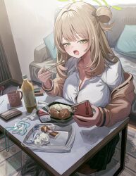 1girl absurdres blue_archive bottle breasts brown_jacket chopsticks cleavage collared_shirt couch cup eating food green_eyes halo highres holding holding_chopsticks holding_phone id_card jacket large_breasts long_hair long_sleeves looking_at_phone miyabino_(miyabi1616) nonomi_(blue_archive) open_mouth phone shirt solo table tongue wallet white_shirt