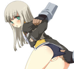 Rule 34 | 1girl, 2others, arm grab, ass, black gloves, black jacket, black panties, blunt bangs, blush, cleft of venus, closers, clothes writing, clothing aside, commentary request, cowboy shot, fingerless gloves, flat chest, genderswap, genderswap (mtf), gloves, green eyes, hime cut, jacket, light brown hair, long hair, long sleeves, looking at viewer, mistilteinn (closers), multiple others, navel, open mouth, panties, panties aside, pussy, shirt, sidelocks, simple background, sleeves past wrists, solo focus, t-shirt, uncensored, underwear, wazawogi (wzog), white background, white shirt