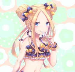 Rule 34 | 1girl, abigail williams (emerald float) (fate), abigail williams (fate), alternate hairstyle, bare shoulders, bikini, black bikini, black bow, black hat, blonde hair, blue eyes, blush, bow, breasts, closed mouth, collarbone, double bun, emerald float, fate/grand order, fate (series), forehead, fork, frilled bikini, frills, fuji den fujiko, hair bow, hair bun, hat, licking lips, long hair, looking at viewer, navel, official alternate costume, orange bow, parted bangs, polka dot, polka dot bow, scrunchie, small breasts, solo, swimsuit, tongue, tongue out, wrist scrunchie