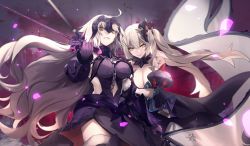 Rule 34 | 2girls, ahoge, armor, armored dress, bare shoulders, black gloves, blonde hair, breasts, chain, cleavage, closed mouth, fate/grand order, fate (series), flag, gauntlets, gloves, hair between eyes, hair ornament, headpiece, holding, holding sword, holding weapon, jeanne d&#039;arc (fate), jeanne d&#039;arc alter (avenger) (fate), jeanne d&#039;arc alter (avenger) (third ascension) (fate), jeanne d&#039;arc alter (fate), large breasts, long hair, looking at viewer, marie antoinette (alter) (fate), marie antoinette (fate), multiple girls, navel, no-kan, parted lips, silver hair, smile, sword, teeth, very long hair, weapon, yellow eyes