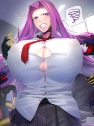 Rule 34 | 1girl, breasts, bursting breasts, button gap, clenched teeth, fate/grand order, fate (series), fingernails, gigantic breasts, gorgon (fate), highres, medusa (fate), medusa (rider) (fate), minami koyogi, necktie, pleated skirt, purple eyes, purple hair, red necktie, rider, school uniform, sharp fingernails, shirt, skirt, snake, spoken squiggle, squiggle, straining buttons, teeth, undersized clothes, white shirt
