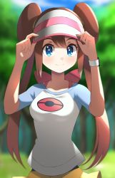 Rule 34 | 1girl, black pantyhose, blue eyes, blurry, blurry background, blush, breasts, bright pupils, brown hair, closed mouth, collarbone, commentary, commentary request, cowboy shot, creatures (company), day, double bun, fagi (kakikaki), forest, game freak, hair bun, hat, highres, long hair, looking at viewer, medium breasts, nature, nintendo, outdoors, pantyhose, poke ball symbol, pokemon, pokemon bw2, putting on headwear, raglan sleeves, rosa (pokemon), short sleeves, shorts, smile, solo, twintails, upper body, visor cap, white pupils, yellow shorts