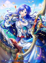 Rule 34 | 1girl, armor, arrow (projectile), blue eyes, blue hair, bow (weapon), cloud, cloudy sky, commentary request, copyright name, day, earrings, fire emblem, fire emblem cipher, holding, holding bow (weapon), holding weapon, jewelry, kazura enji, looking at viewer, nintendo, official art, open mouth, outdoors, petals, selphina (fire emblem), sky, smile, solo, weapon