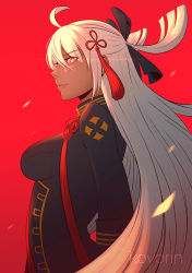 Rule 34 | 1girl, ahoge, artist name, black bow, black coat, black ribbon, bow, breasts, closed mouth, coat, commentary, dark-skinned female, dark skin, fate/grand order, fate (series), from side, hair between eyes, hair bow, hair ornament, hair ribbon, high collar, impossible clothes, koyorin, long hair, long sleeves, looking at viewer, looking to the side, medium breasts, okita souji (fate), okita souji (koha-ace), okita souji alter (fate), profile, red background, ribbon, simple background, solo, tassel, upper body, very long hair, white eyes, white hair