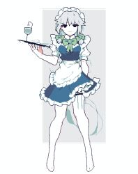Rule 34 | 1girl, 4qw5, apron, black eyes, blue dress, bow, bowtie, breasts, dress, expressionless, frilled dress, frills, full body, glass, green bow, grey background, grey hair, hair bow, hand up, highres, holding, holding plate, holster, izayoi sakuya, jitome, looking at viewer, maid headdress, medium breasts, medium hair, multiple hair bows, no sclera, pantyhose, pixel art, plate, puffy short sleeves, puffy sleeves, see-through, shirt, short sleeves, solo, split mouth, straight-on, thigh holster, touhou, waist apron, waist bow, white apron, white headwear, white pantyhose, white shirt
