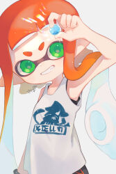 Rule 34 | 1girl, bare shoulders, black shorts, green eyes, hand up, head tilt, highres, holding, inkling, inkling girl, inkling player character, long hair, looking at viewer, marble (toy), nintendo, orange hair, pointy ears, sahata saba, short shorts, shorts, simple background, smile, splatoon (series), tank top, tentacle hair, v-shaped eyebrows, white background, white tank top