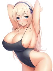 Rule 34 | 1girl, absurdres, alternate breast size, alternate costume, areola slip, armpits, arms behind head, azur lane, black one-piece swimsuit, blonde hair, blue eyes, breasts, covered erect nipples, cowboy shot, highres, kokonoe misui, large breasts, leander (azur lane), one-piece swimsuit, presenting armpit, simple background, solo, standing, swimsuit, white background