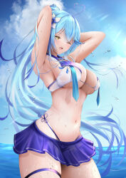 Rule 34 | 1girl, ;d, ahoge, alternate costume, alternate hairstyle, armpits, arms up, bikini, bikini skirt, blue bikini, blue hair, blue necktie, blue sky, blush, breasts, cleavage, commentary, cowboy shot, day, flower, hair flower, hair ornament, heart, heart ahoge, highres, hololive, large breasts, light blue hair, light purple hair, long hair, looking at viewer, loose necktie, multicolored hair, navel, necktie, o-ring, o-ring bikini, ocean, one eye closed, open mouth, outdoors, ponytail, skindentation, sky, smile, solo, standing, stomach, streaked hair, string bikini, swimsuit, thigh strap, uro 9at, virtual youtuber, wading, water drop, wet, white bikini, yellow eyes, yukihana lamy