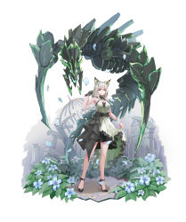 Rule 34 | absurdres, animal ear fluff, animal ears, arknights, black footwear, black gloves, blue flower, breasts, cage, chinese commentary, cleavage, clothes lift, commentary, dress, dress lift, flower, gloves, green dress, green eyes, green hair, high heels, highres, kal&#039;tsit (arknights), lifted by self, maolo, mon3tr (arknights), monster, petals, ruins, single glove, single wrist cuff, solo, white background, white wrist cuffs, wrist cuffs
