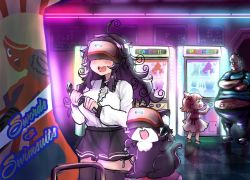 Rule 34 | 1boy, 2girls, :d, bad id, bad twitter id, black legwear, black skirt, blush, breasts, cat, controller, covered eyes, crane game, fat, fat man, game controller, head-mounted display, holding, large breasts, multiple girls, nyarla (osiimi), obese, open mouth, original, osiimi, pleated skirt, shirt, side-tie peek, skirt, smile, standing, thighhighs, white shirt