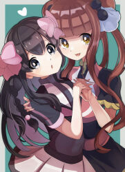 Rule 34 | 2girls, :o, beads, belt, black dress, black hair, blue background, blunt bangs, blush, border, bow, braid, brown hair, character request, copyright request, covered navel, cropped jacket, dot nose, double-parted bangs, dress, floating hair, frilled sleeves, frills, grey eyes, hair beads, hair bow, hair ornament, hand on another&#039;s shoulder, highres, impossible clothes, impossible shirt, interlocked fingers, jacket, light blush, lips, long hair, looking at viewer, miniskirt, multiple girls, pink bow, pink skirt, plum (vtuber), plum no bouken note, purple jacket, purple shirt, red belt, red vest, shirt, short sleeves, side braids, simple background, skin tight, skirt, smile, tongue, tongue out, twin braids, umiru, very long hair, vest, virtual youtuber, white border, yellow eyes