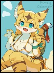 Rule 34 | 1girl, :3, animal ears, aqua eyes, artist name, bare shoulders, belt, bikini, bikini skirt, black border, blonde hair, blue background, blush, border, breasts, cat ears, cat tail, claws, cleavage, collarbone, fang, female focus, furry, furry female, green ribbon, hands up, happy, heart, heart in eye, highres, honey calamari, knees together feet apart, knees up, large breasts, looking at viewer, mia (world flipper), multicolored hair, notice lines, open mouth, red ribbon, ribbon, short hair, signature, simple background, sitting, smile, solo, swimsuit, symbol in eye, tail, tail ornament, tail ribbon, two-tone hair, white bikini, white hair, world flipper