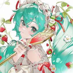 Rule 34 | 1girl, artist name, bare shoulders, blue eyes, blue hair, colored eyelashes, commentary, detached sleeves, flower, food, food-themed hair ornament, fork, frilled hairband, frilled sleeves, frills, fruit, hair between eyes, hair flower, hair ornament, hair ribbon, hairband, hatsune miku, highres, holding, holding fork, long hair, long sleeves, looking at viewer, neonneon321, parted lips, puffy sleeves, red pupils, red ribbon, ribbon, ribbon-trimmed sleeves, ribbon trim, sample watermark, shirt, signature, simple background, sleeveless, sleeveless shirt, solo, strawberry, strawberry hair ornament, strawberry miku (morikura), strawberry plant, symbol-only commentary, twintails, upper body, vocaloid, watermark, white background, white flower, white hairband, white shirt
