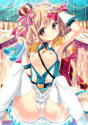 Rule 34 | 10s, 1girl, armpits, blonde hair, blush, bow, breasts, cameltoe, crown, crystal night party, epaulettes, futaba anzu, gloves, hair bow, high heels, idolmaster, idolmaster cinderella girls, long hair, looking at viewer, mini crown, mitsumomo mamu, nipples, panties, red eyes, shine!!, shoes, sitting, small breasts, smile, solo, spread legs, thighhighs, twintails, underwear, white gloves, white panties, white thighhighs