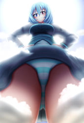 Rule 34 | 1girl, bad id, bad nicoseiga id, blue hair, cameltoe, cloud, female focus, from below, giant, giantess, hands on own hips, heterochromia, highres, huge giantess, looking at viewer, looking down, neva, panties, short hair, sky, smile, solo, striped clothes, striped panties, tatara kogasa, thighhighs, touhou, underwear, upskirt