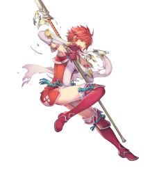 Rule 34 | 1girl, arm guards, armor, boots, breasts, broken armor, dress, elbow gloves, fire emblem, fire emblem fates, fire emblem heroes, full body, garter straps, gloves, haccan, highres, hinoka (fire emblem), injury, lance, nintendo, official art, open mouth, polearm, red armor, red eyes, red footwear, red hair, red thighhighs, ryona, scarf, short dress, short hair, small breasts, solo, thigh boots, thighhighs, thighs, torn clothes, transparent background, weapon, white scarf, zettai ryouiki