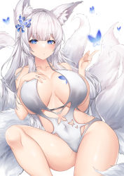 Rule 34 | 1girl, absurdres, animal ears, azur lane, blue butterfly, breasts, bug, butterfly, deogho (liujinzy9854), fox ears, fox girl, fox tail, hair ornament, hand on own chest, highres, huge breasts, insect, kitsune, kyuubi, long hair, mole, mole under eye, multiple tails, one-piece swimsuit, purple eyes, shinano (azur lane), sitting, swimsuit, tail, very long hair, white background, white hair, white tail