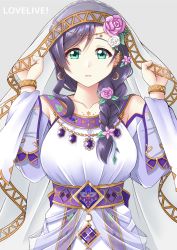 Rule 34 | 1girl, belt, bracelet, braid, breasts, collarbone, copyright name, cowboy shot, crescent, crescent earrings, crown braid, detached sleeves, dress, earrings, gradient background, grey background, hair over shoulder, highres, holding veil, jewelry, large breasts, long hair, looking at viewer, love live!, love live! school idol festival all stars, love live! school idol project, necklace, purple hair, raised eyebrows, sano souichi, single braid, sleeveless, sleeveless dress, solo, swept bangs, tareme, tojo nozomi, veil, white dress, white sleeves, wide sleeves