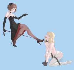 Rule 34 | 2girls, absurdres, ball gag, bdsm, black dress, black pantyhose, blonde hair, bondage, bound, breasts, brown hair, choker, collar, crying, crying with eyes open, dress, femdom, flower, fragment, gag, gagged, high heels, highres, leash, leash pull, lipstick, makeup, medium breasts, multiple girls, pantyhose, petticoat, restrained, rose, sex toy, slave, small breasts, tears, vibrator, white pantyhose