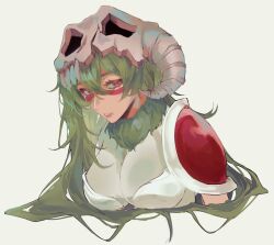 1girl animal_skull armor bleach bleach:_sennen_kessen-hen breasts brown_eyes commentary cropped_torso curled_horns expressionless facial_mark fur_collar green_hair grey_background hair_between_eyes highres horns large_breasts long_hair mask nelliel_tu_odelschwanck parted_lips pauldrons shoulder_armor simple_background skull_mask skull_on_head solo ui_1231 upper_body very_long_hair