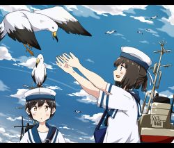 Rule 34 | 2girls, :d, animal, animal on head, any (lucky denver mint), bird, bird on head, black hair, blue sailor collar, blue sky, brown eyes, daitou (kancolle), day, dress, hat, hiburi (kancolle), kantai collection, looking at another, multiple girls, on head, open mouth, outdoors, outstretched arms, ponytail, sailor collar, sailor dress, sailor hat, seagull, short hair, short ponytail, short sleeves, sky, smile, white hat