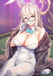 Rule 34 | 1girl, akane (blue archive), akane (bunny) (blue archive), animal ears, bare shoulders, blue archive, blush, bow, bowtie, breasts, brown eyes, commentary, detached collar, fake animal ears, glasses, gloves, green hair, grin, hair between eyes, halo, hand up, highres, large breasts, leotard, long hair, looking at viewer, pantyhose, plaid, plaid scarf, playboy bunny, pool table, rabbit ears, rotix, scarf, sidelocks, sitting, sleeveless, smile, solo, standing, strapless, strapless leotard, table, white gloves, white leotard, white pantyhose