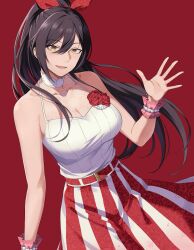 Rule 34 | 1girl, :d, bare arms, bare shoulders, black hair, breasts, cleavage, commentary request, cowboy shot, hair ribbon, highres, idolmaster, idolmaster shiny colors, large breasts, long hair, looking at viewer, open mouth, randompeeps, red background, red ribbon, ribbon, shirase sakuya, shirt, simple background, skirt, sleeveless, sleeveless shirt, smile, solo, striped clothes, striped skirt, vertical-striped clothes, vertical-striped skirt, very long hair, white shirt, yellow eyes