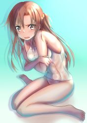 Rule 34 | 10s, 1girl, asuna (sao), barefoot, brown eyes, brown hair, embarrassed, highres, long hair, one-piece swimsuit, school swimsuit, see-through, sitting, solo, swimsuit, sword art online, wariza, white school swimsuit, white one-piece swimsuit, zakuro0508