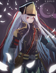 Rule 34 | 1girl, altair (re:creators), gloves, hair between eyes, hat, highres, kim jin (tmxhfl4490), long hair, looking at viewer, military, military uniform, re:creators, red eyes, red ribbon, ribbon, shako cap, sky, smile, solo, star (sky), starry sky, twintails, uniform, white hair