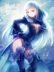 Rule 34 | 1girl, black gloves, blunt bangs, boots, bravely default: flying fairy, bravely default (series), bravely second: end layer, cleavage cutout, clothing cutout, gloves, hair ornament, long hair, looking at viewer, magnolia arch, red eyes, satou kivi, smile, solo, thigh boots, thighhighs, white hair