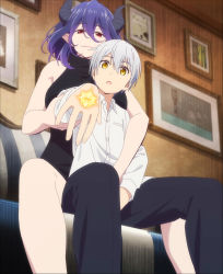 Rule 34 | 1boy, 1girl, alto goldfield, anime screenshot, breasts, demon girl, demon horns, highres, horns, interior, kinsou no vermeil, large breasts, medium hair, pointy ears, purple hair, red eyes, stitched, third-party edit, vermeil (kinsou no vermeil)
