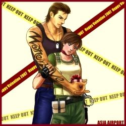 Rule 34 | 1boy, 1girl, 2007, asia airport, belt, billy coen, blue eyes, body armor, brown hair, bulletproof vest, capcom, caution tape, choker, couple, cuffs, dog tags, fingerless gloves, gift, gloves, handcuffs, height difference, hetero, hug, hug from behind, jewelry, keep out, lowres, necklace, pants, police, police uniform, rebecca chambers, resident evil, resident evil 0, short hair, tank top, tattoo, uniform, valentine