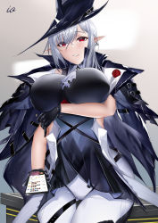 Rule 34 | 1girl, absurdres, arknights, arm under breasts, black cape, black gloves, black hat, black shirt, blush, breasts, cape, cowboy shot, earrings, gladiia (arknights), gloves, grey hair, hair between eyes, hat, highres, jewelry, large breasts, long hair, pants, parted lips, pointy ears, red eyes, shirt, short hair, signature, simple background, solo, thigh gap, user wadm5455, white pants