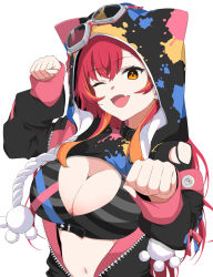 1girl animal_ears belt black_choker black_hoodie black_jacket black_shirt breasts choker cleavage cleavage_cutout clothing_cutout crop_top drawstring fake_animal_ears fang goggles goggles_on_headwear hand_up highres hisaki_(h1sa_k1) hood hoodie jacket large_breasts long_hair long_sleeves looking_at_viewer midriff multicolored_hair navel nekota_tsuna nekota_tsuna_(1st_costume) off_shoulder one_eye_closed open_clothes open_jacket open_mouth orange_eyes paw_pose red_hair shirt smile solo stomach streaked_hair striped_clothes striped_shirt torn_clothes unzipped upper_body virtual_youtuber vspo!