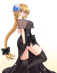 Rule 34 | 1girl, alternate costume, black dress, black footwear, black gloves, black ribbon, black thighhighs, blonde hair, blue eyes, blush, braid, breasts, cold (hoshinoskull), dress, fate/grand order, fate (series), flower, from side, gloves, hair flower, hair ornament, hair ribbon, high heels, jeanne d&#039;arc (fate), jeanne d&#039;arc (formal dress) (fate), jeanne d&#039;arc (ruler) (fate), large breasts, leg up, light blush, long dress, long hair, looking at viewer, looking to the side, open mouth, ribbon, side slit, single braid, solo, thighhighs, very long hair