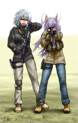 Rule 34 | 2girls, aiming, alternate costume, animal ears, assault rifle, boots, braid, rabbit ears, contemporary, covering own ears, denim, didloaded, ear protection, female focus, gloves, gun, hand in pocket, handgun, highres, holster, izayoi sakuya, jacket, jeans, knee pads, load bearing vest, long hair, military operator, multiple girls, open mouth, pants, pistol, purple hair, red eyes, reisen udongein inaba, rifle, scope, serious, shell casing, short hair, silver hair, standing, thigh holster, thigh strap, touhou, twin braids, weapon