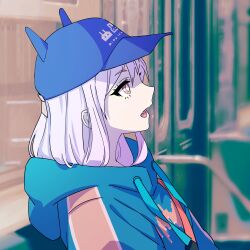 Rule 34 | 1girl, absurdres, akroglam, baseball cap, blue hat, blue hoodie, bright pupils, brown eyes, commentary request, diamond-shaped pupils, diamond (shape), drawstring, from side, hat, highres, hood, hood down, hoodie, lena (akroglam), long hair, open mouth, photo background, profile, solo, symbol-shaped pupils, train interior, upper body, white hair, white pupils